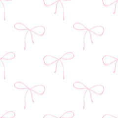 cute pink bows made of satin ribbon. Watercolor seamless pattern on white background for children's textiles and wrapping paper