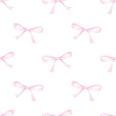pink bows. Cute watercolor seamless pattern on white background for children's textiles and wrapping paper