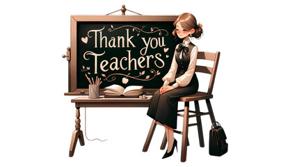 Illustrated scene of a teacher sitting beside a chalkboard with Thank You Teachers message, celebrating educators and expressing gratitude on Teachers Day.
