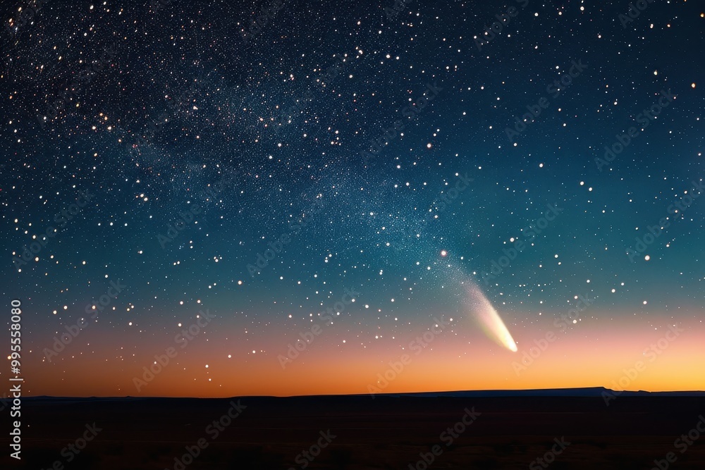 Aufkleber a breathtaking view of a comet streaking across the night sky over a tranquil field during twilight,
