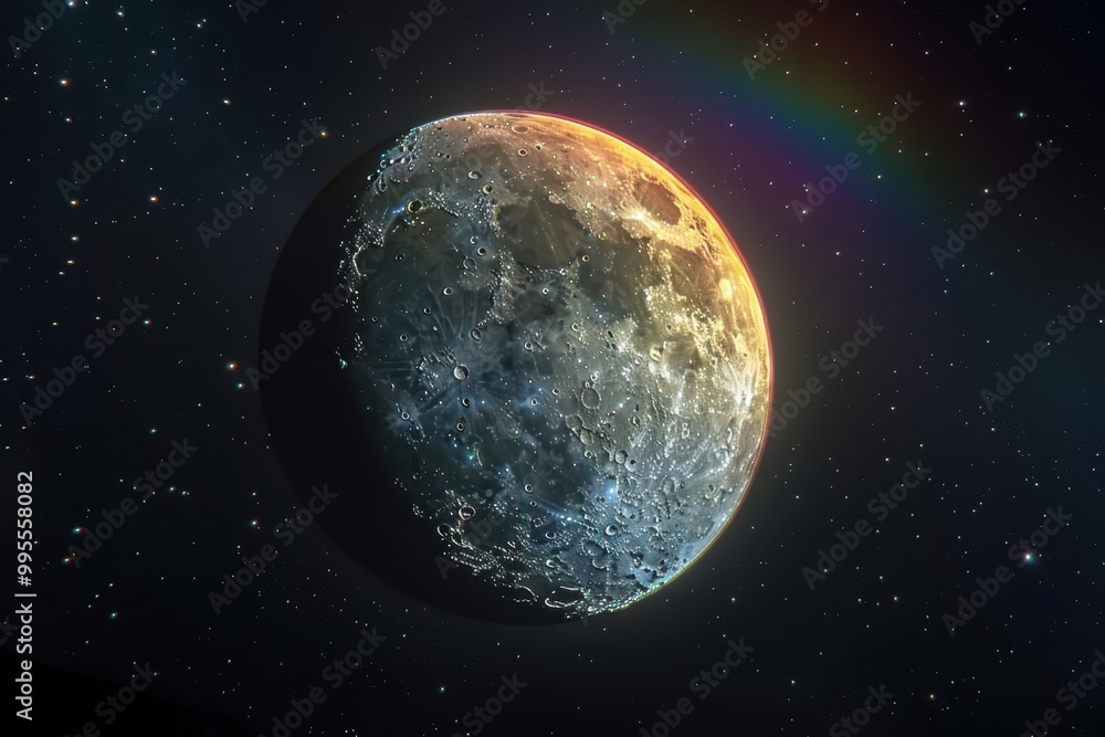 Poster a vibrant view of the moon shining brightly in a starry night sky with a subtle rainbow arc capturin
