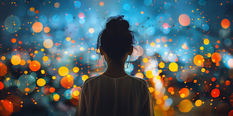 Jeune femme contemplant un r&eacute;seau lumineux