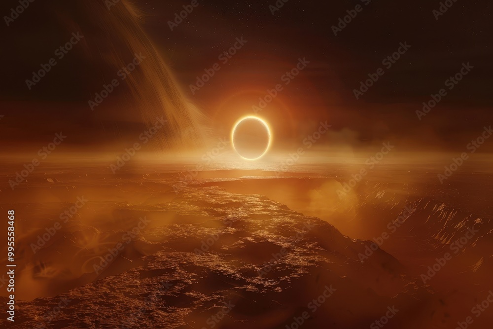 Poster a stunning celestial event occurs as a total solar eclipse casts a dramatic shadow over the rugged s