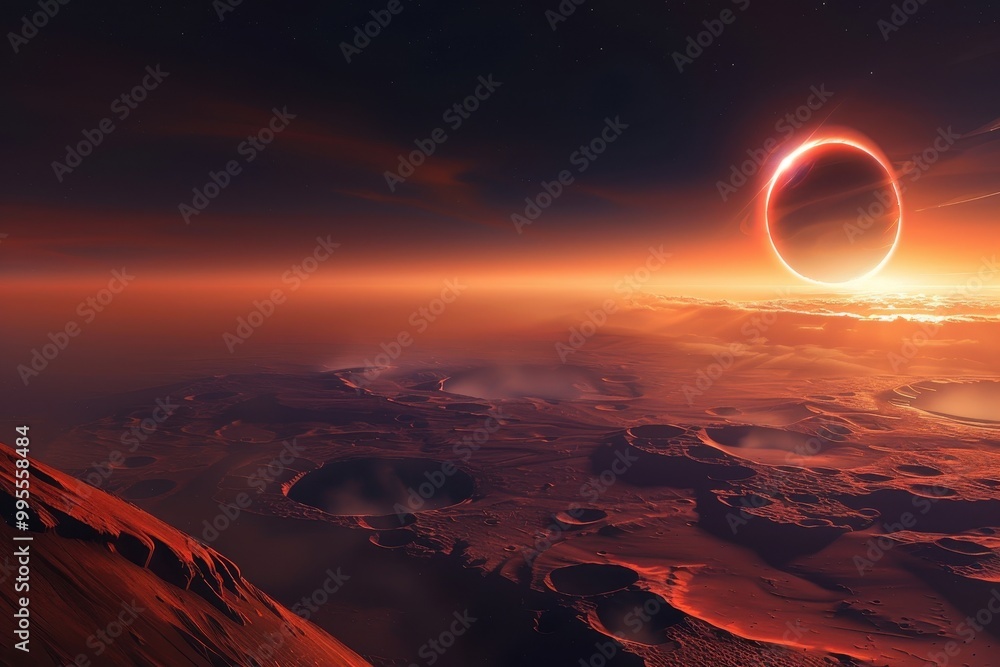 Poster a stunning celestial event occurs as a total solar eclipse casts a dramatic shadow over the rugged s