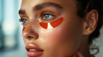Fototapeta premium Models of women using red eye patches under the eye to improve dark circles.