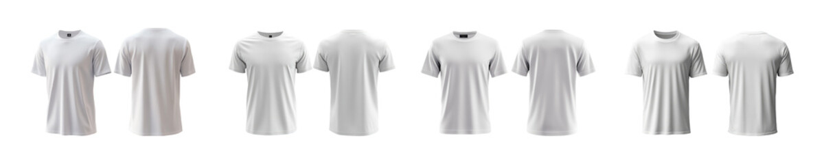 Set of plain white t-shirts front and back isolated on white background