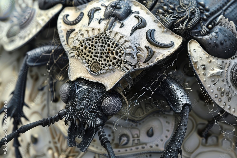 Aufkleber Detailed close-up of a sculpted insect design showcasing intricate textures and patterns on its surface, illuminated in soft lighting for enhanced visual impact