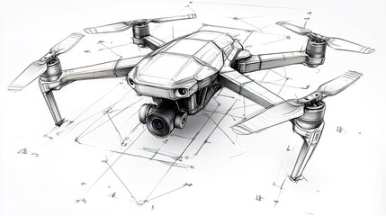 
Detailed technical drawing of an advanced drone with a camera, white background
