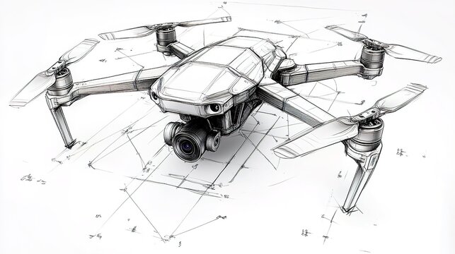 
Detailed technical drawing of an advanced drone with a camera, white background
