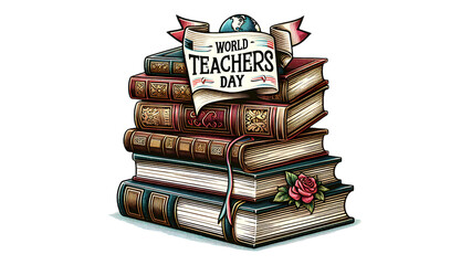 Stack of books with banner reading World Teachers Day, adorned with pencils and decorative elements, celebrating teachers and the impact of education.