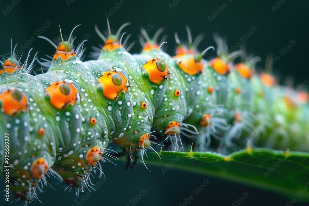 Poster a close-up of a vibrant caterpillar resting on a leafy branch during a sunny day in a lush garden