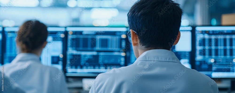Poster researchers analyze data on computer screens in a lab environment, showcasing teamwork and technolog