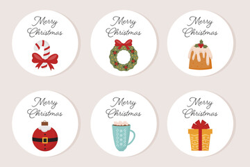 Round Christmas stickers, badges, labels, round gift tags for gifts package. Merry Christmas and winter holiday greeting typography messages with hippie Christmas tree, Santa, cocoa mug.