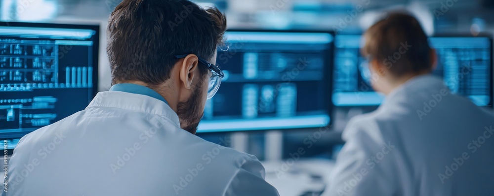 Poster scientists analyzing data on multiple computer screens in a modern laboratory environment, showcasin