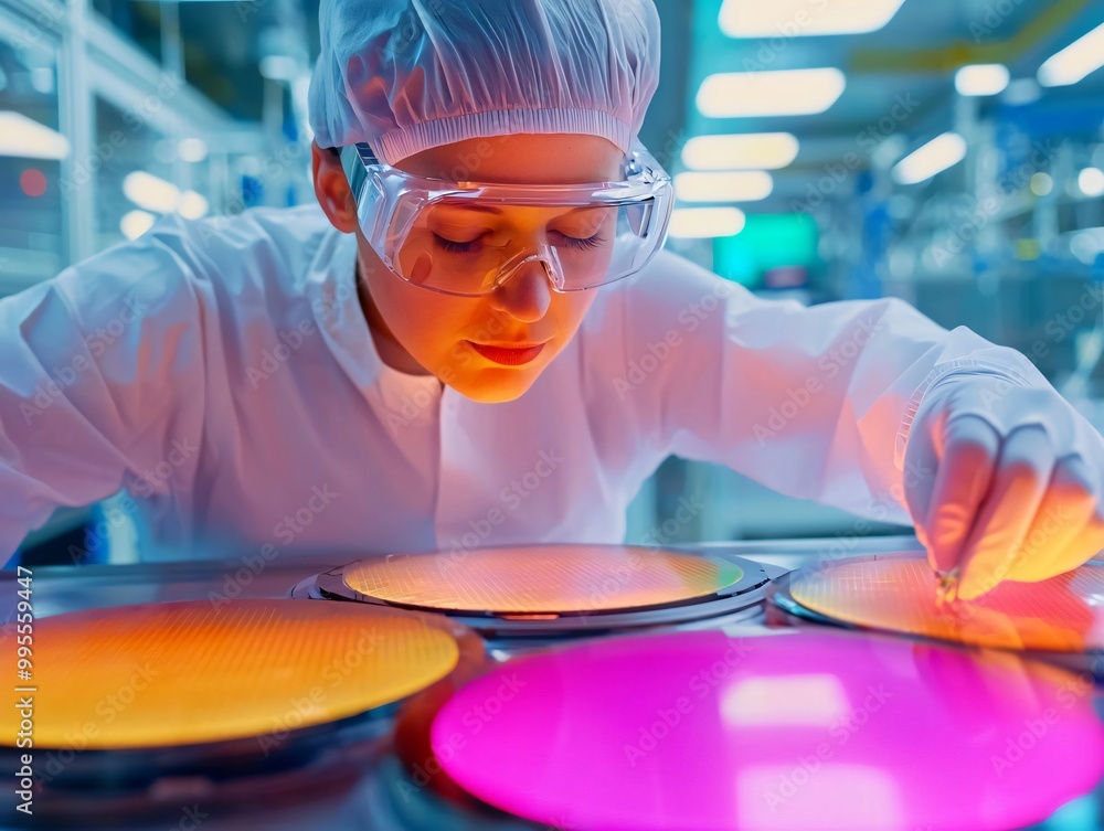 Poster scientist analyzing colorful samples in a high-tech laboratory, showcasing precision and innovation 