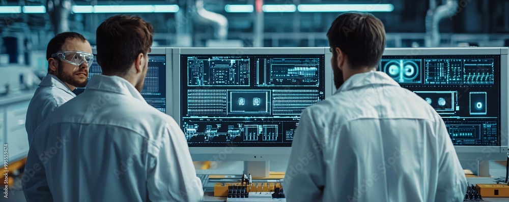 Poster three scientists analyze data on high-tech monitors in a modern laboratory, showcasing teamwork and 