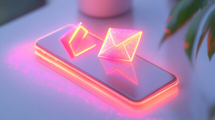 Naklejka premium 3D Smartphone with Holographic Bhai Dooj Envelopes Concept on White Background: Floating Glowing Icons for Festive Celebrations