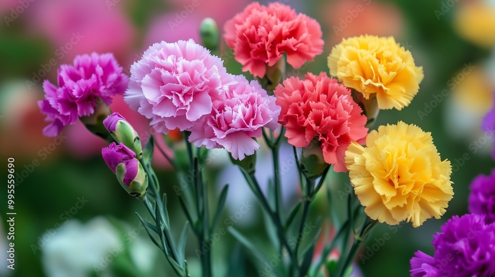 Sticker Colorful bouquet of carnations displaying vibrant hues in a lush garden setting during springtime