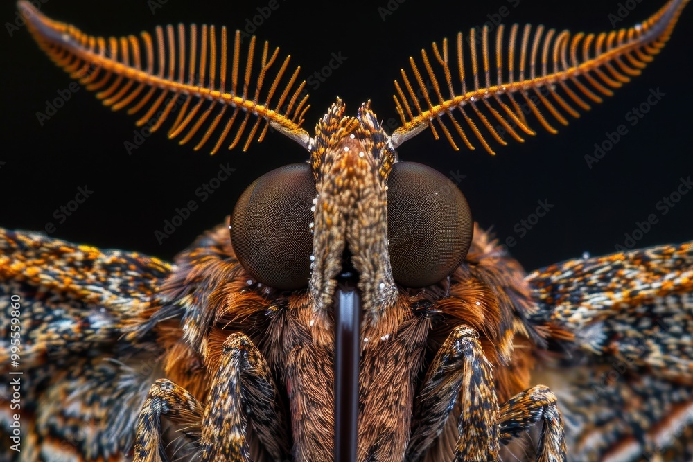 Poster close-up view of a moth's intricate head structure, showcasing its large eyes and unique antennae in