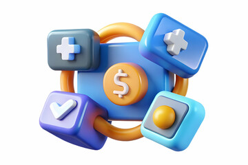 3D Glowing Abstract Cash Acquisition Art Featuring Merging Icons for Business and Financial Promotions on Isolated White Background