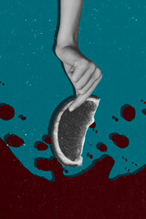 Composite trend artwork sketch image 3D photo collage of copyspace huge hand hold piece citrus...