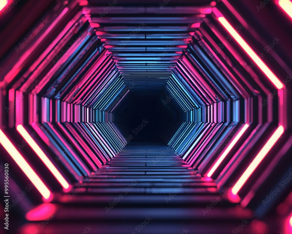 Poster vibrant neon tunnel featuring striking geometric shapes and colorful lights, creating a captivating 