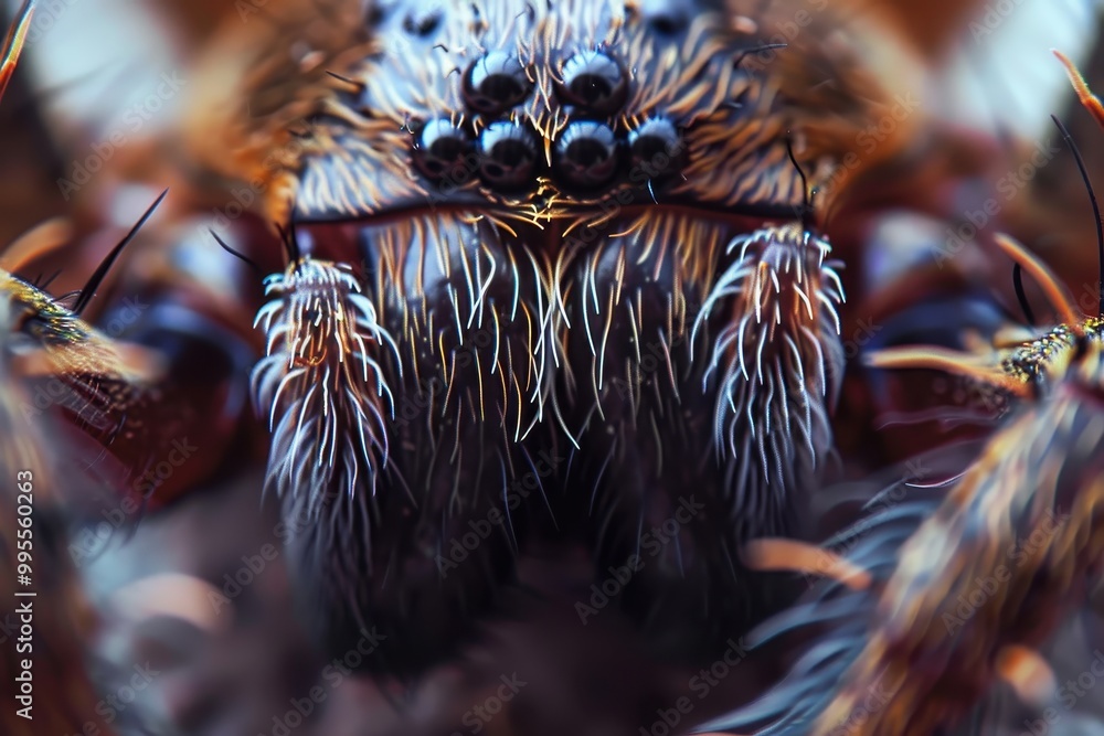 Poster Close-up view of a colorful spider with detailed fur patterns in its habitat, showcasing the intricate features of its body during daylight