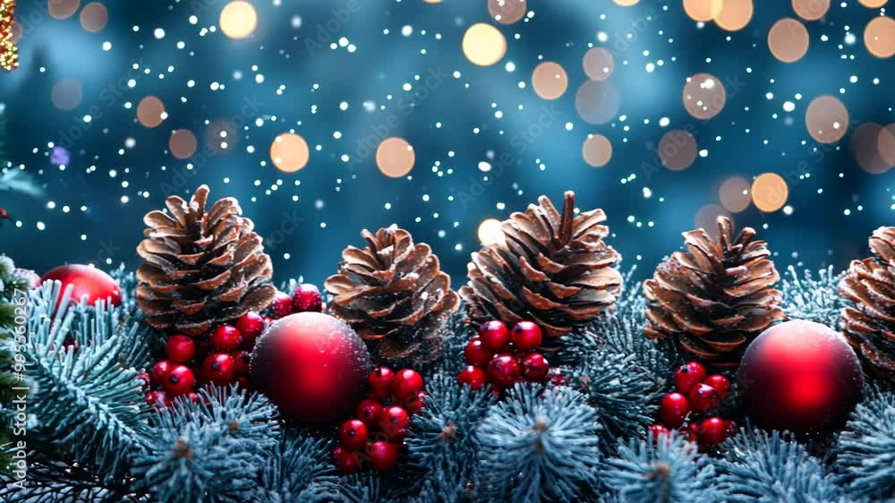 Poster a christmas tree with red and green pine cones and red and green balls. the pine cones are arranged 