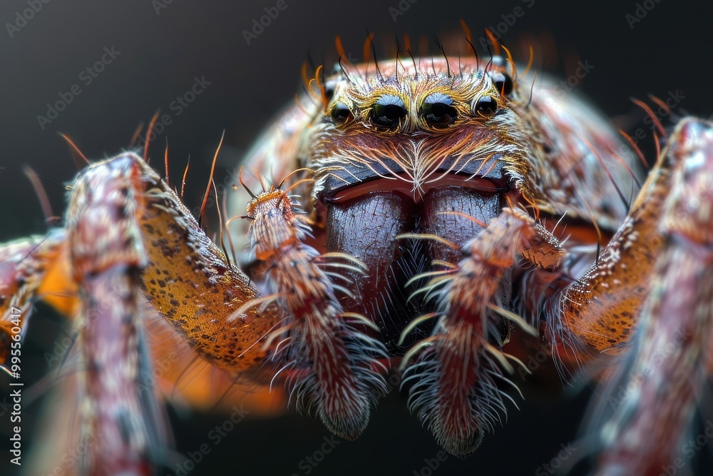 Poster Close-up view of a colorful spider with detailed fur patterns in its habitat, showcasing the intricate features of its body during daylight