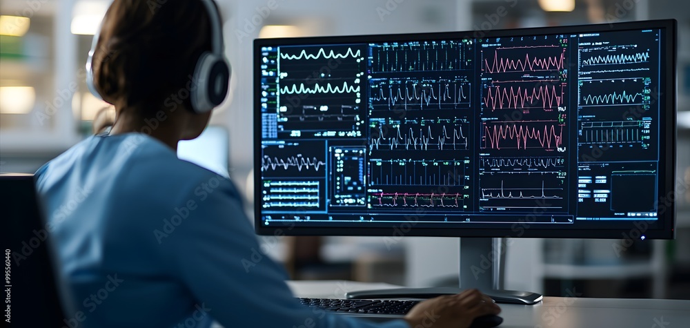 Wall mural a healthcare professional wearing headphones analyzes complex 3d medical imaging data on a monitor. 