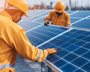 Workers inspecting solar panels on a bright day, showcasing renewable energy and teamwork in a modern environment.