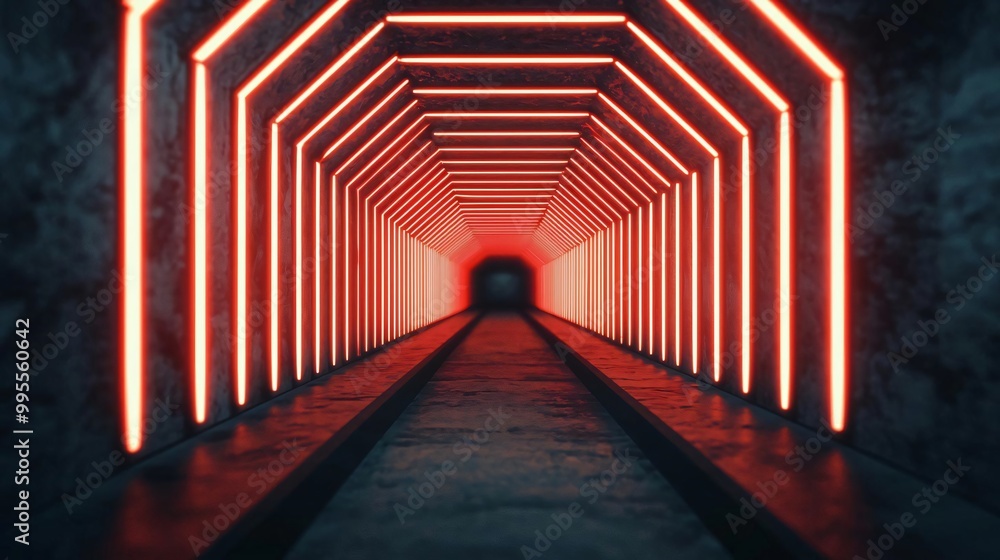 Poster a captivating tunnel illuminated by vibrant red neon lights, creating a mysterious and futuristic at