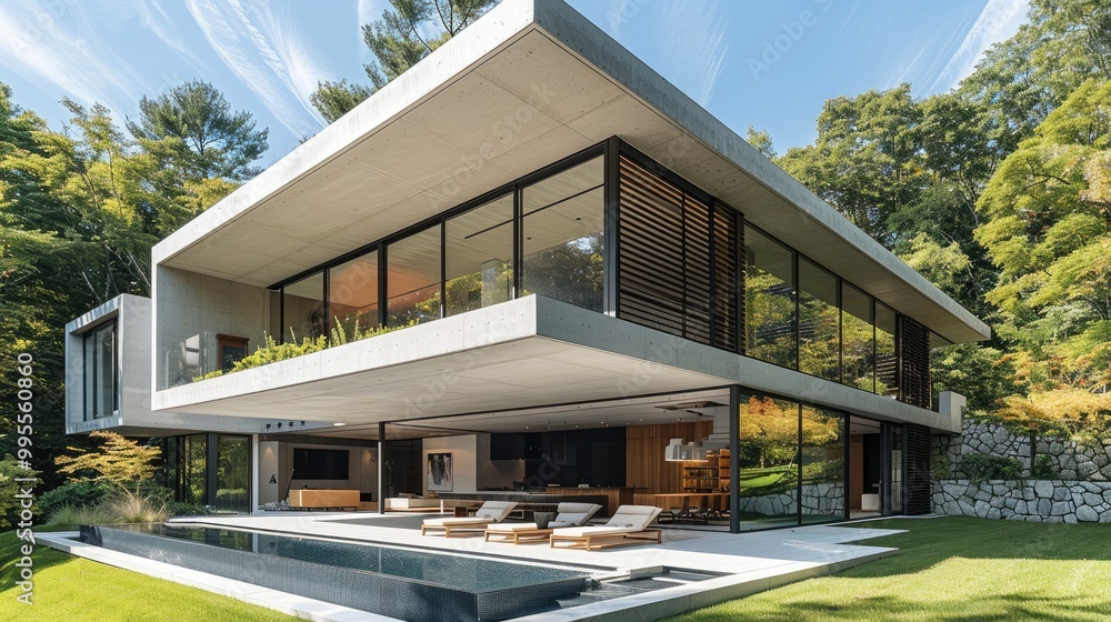 Poster modern concrete house with a flat roof and large windows, a mezzanine with wood louvers, a stone low