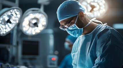 A skilled surgeon wearing a blue surgical gown and mask intently focuses on the task at hand under bright lights. Background is slight blur, creating a calm atmosphere. Medical Technology Concept