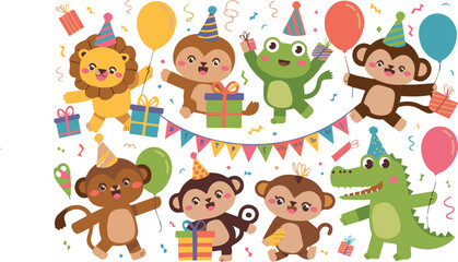 Naklejka premium vector illustration of a cute and colorful cartoon birthday party 