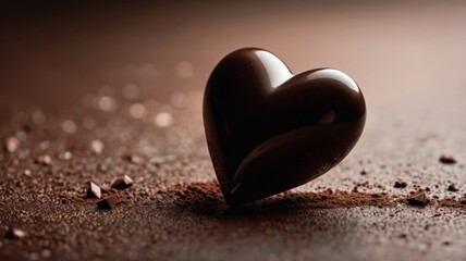Fototapeta premium A chocolate heart rests on the ground, showcasing its rich color and smooth texture in a simple yet charming setting.