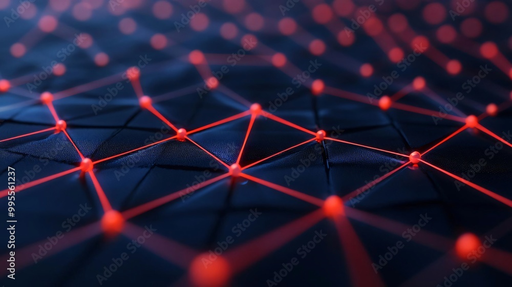 Poster a dynamic digital background featuring a network of glowing nodes and connections in red and blue hu