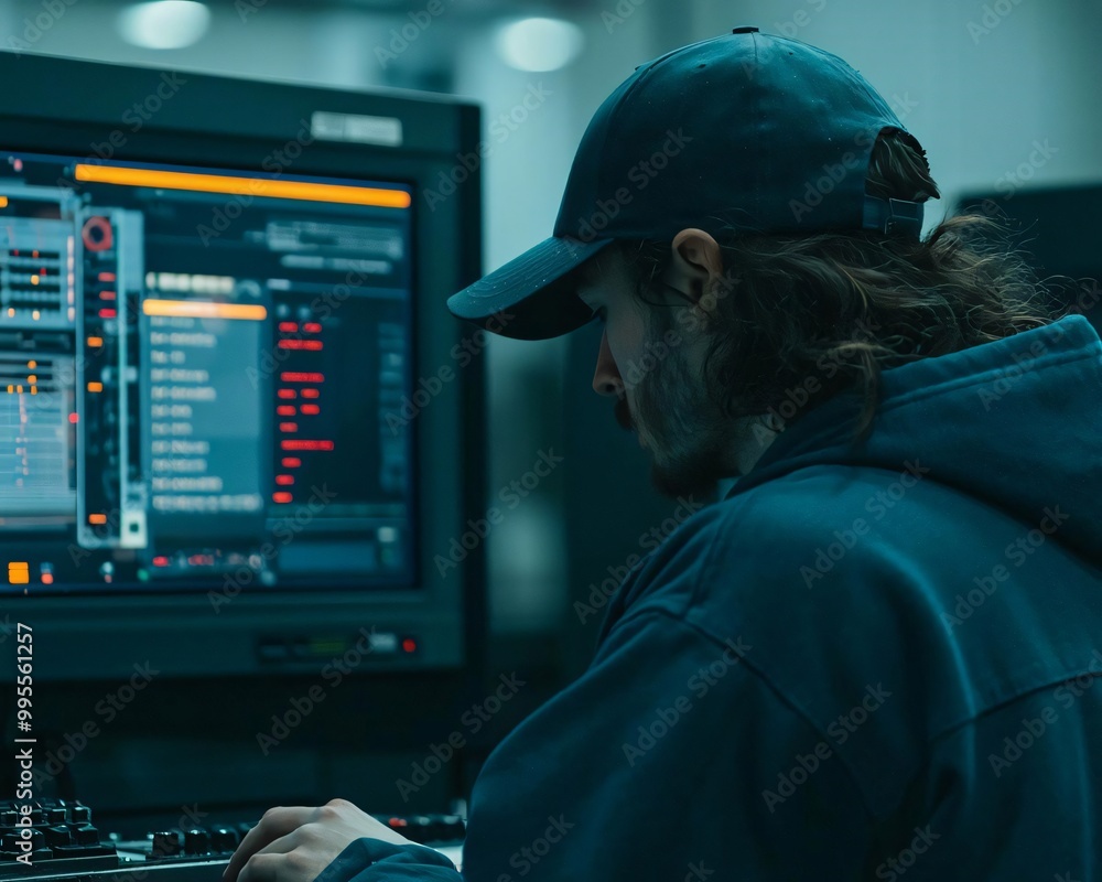 Poster a focused individual working on a computer, analyzing data with modern software in a tech-savvy envi