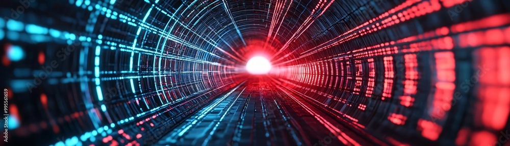 Poster a futuristic tunnel of light, blending vibrant red and blue hues, creating a mesmerizing visual expe