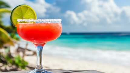 Refreshing Frozen Margarita by the Beach - Summer Cocktail Enjoyment with Vibrant Colors and Relaxing Vibes