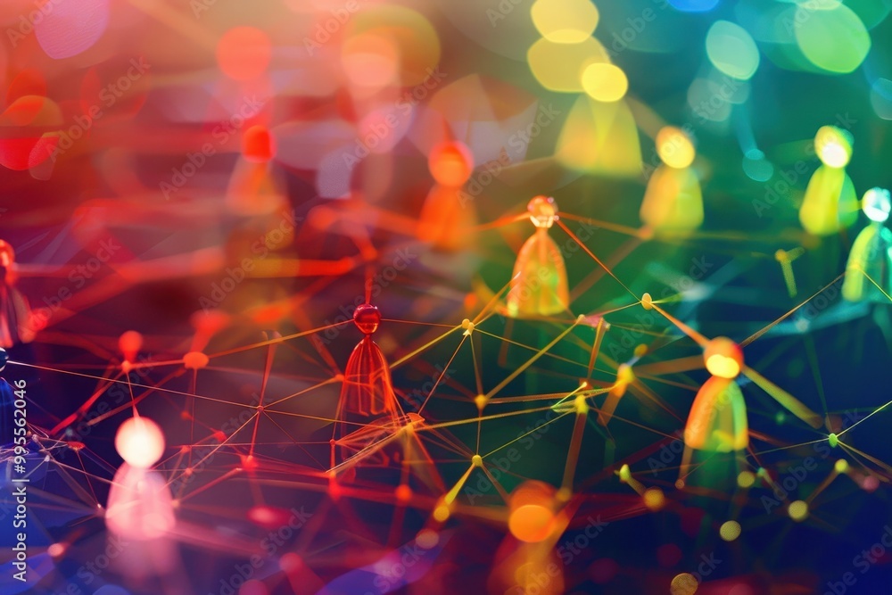 Poster colorful abstract representation of interconnected figures illustrating social networks and relation