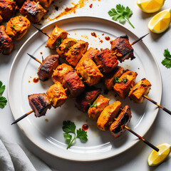 Photography of succulent mutton and chicken tikka skewers artfully arranged on a white plate