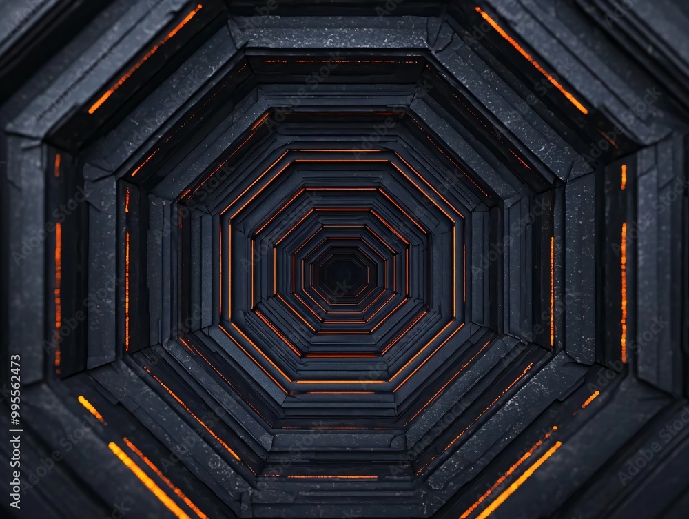 Poster a mesmerizing view of an octagonal tunnel with glowing orange lights, creating a dynamic and futuris