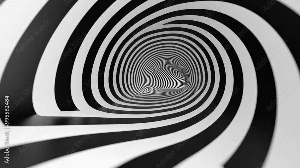 Poster a mesmerizing visual of a spiral tunnel in stark black and white, creating a sense of depth and move