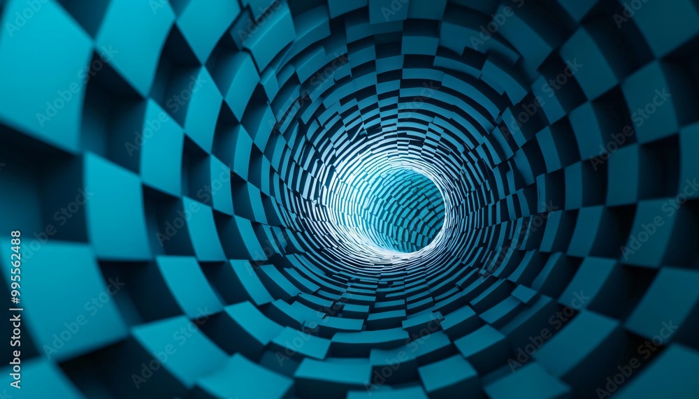 Poster a mesmerizing view of a swirling tunnel with a vibrant blue and black checker pattern, creating a se