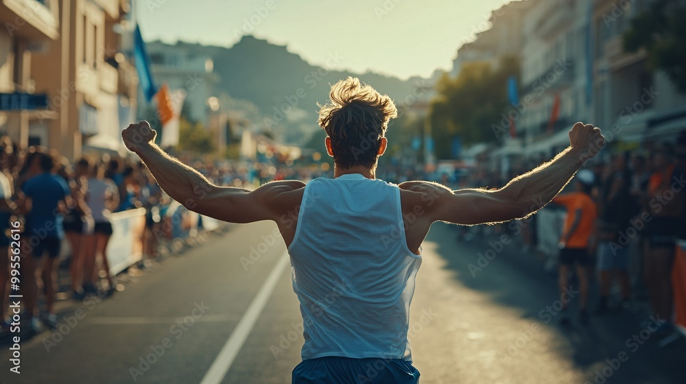 Poster an athlete crossing the finish line of a race with joy and determination symbolizing hard work perse