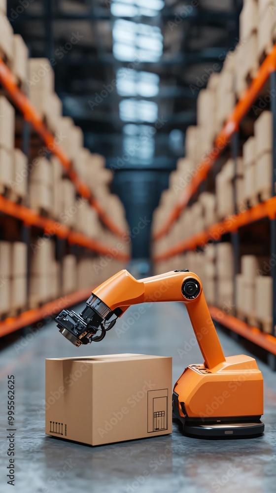 Poster a modern warehouse with an orange robotic arm handling a cardboard box, showcasing automation and ef