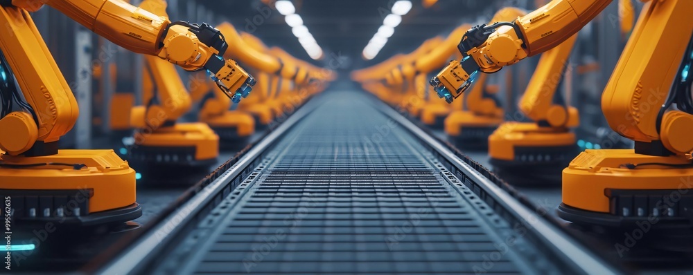 Poster a modern factory scene featuring robotic arms on an assembly line, showcasing advanced technology an