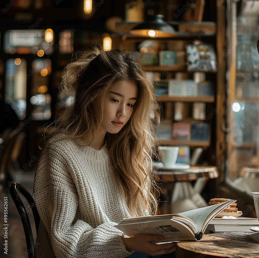 Wall mural beautiful girl reading a book in a cafe.