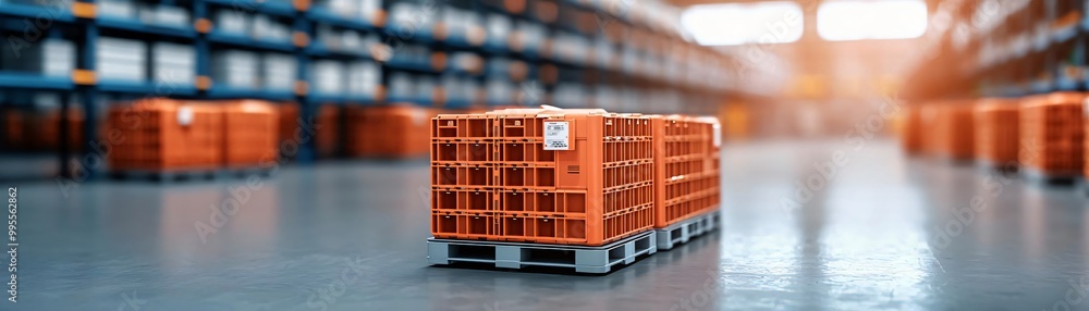 Poster a stack of orange pallets stored in a spacious warehouse, showcasing industrial organization and eff